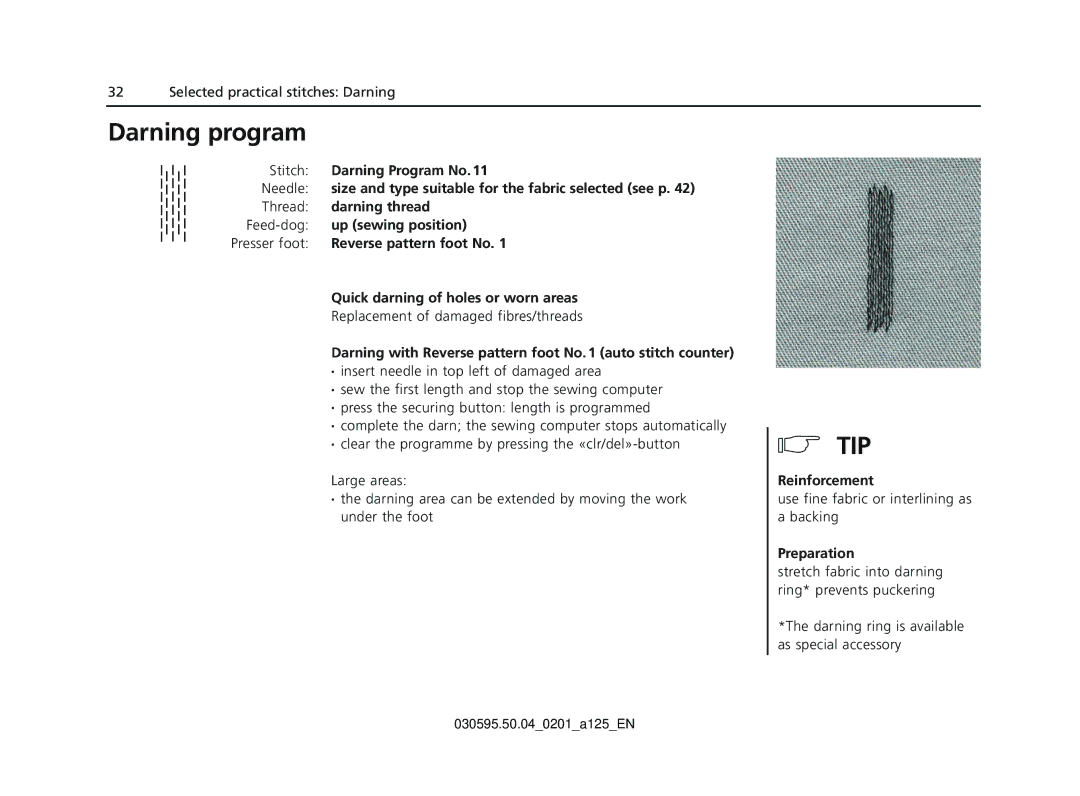 Bernina Sewing Machine manual Darning program 