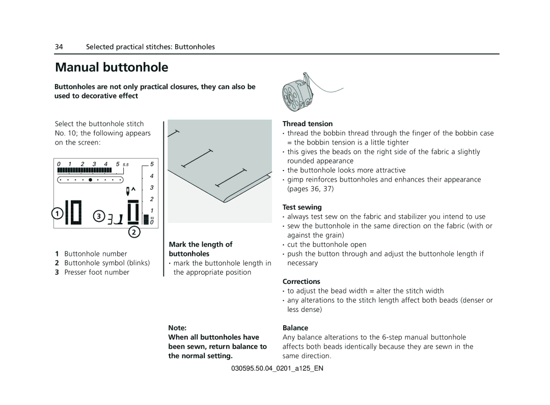 Bernina Sewing Machine manual Manual buttonhole 