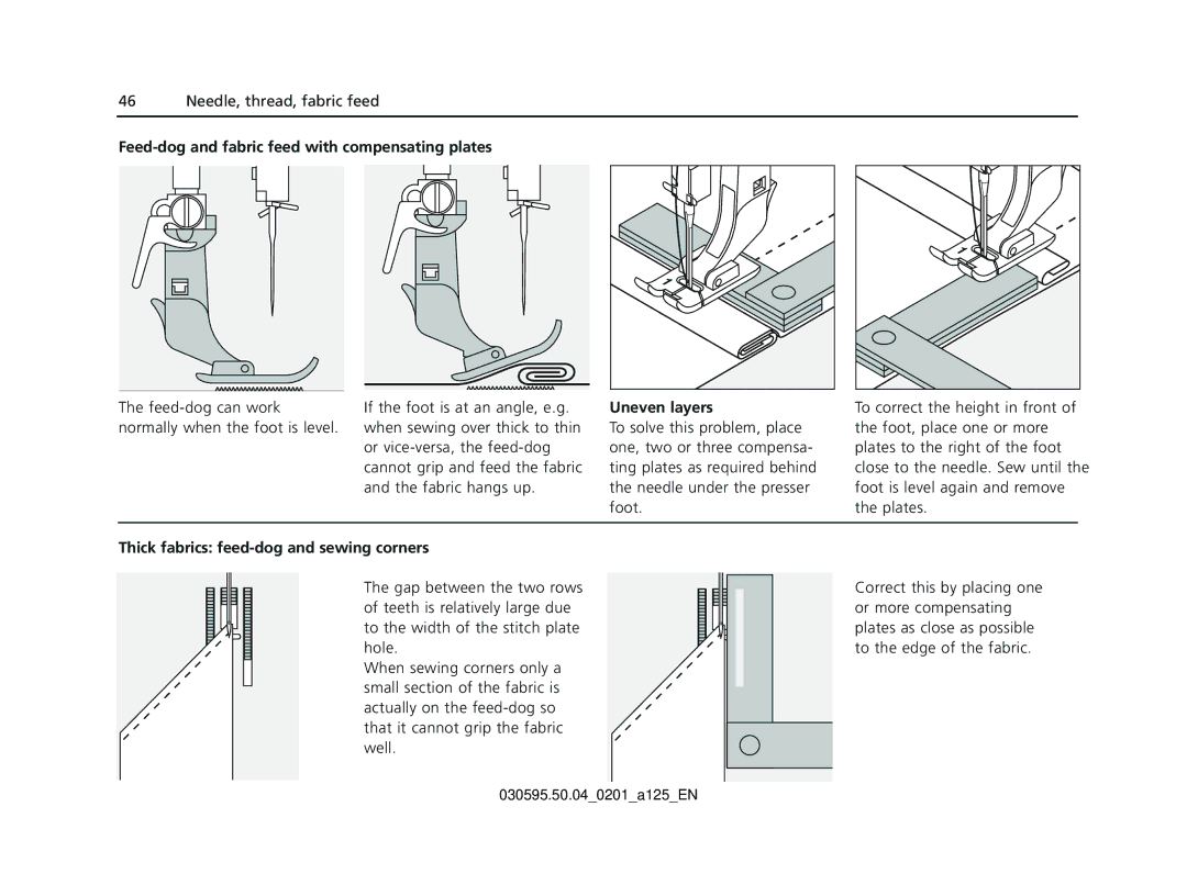 Bernina Sewing Machine manual Feed-dog and fabric feed with compensating plates, Uneven layers 