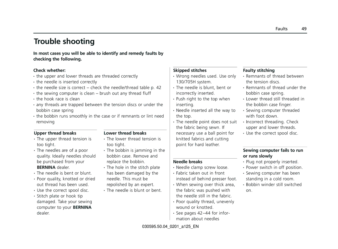 Bernina Sewing Machine manual Trouble shooting 