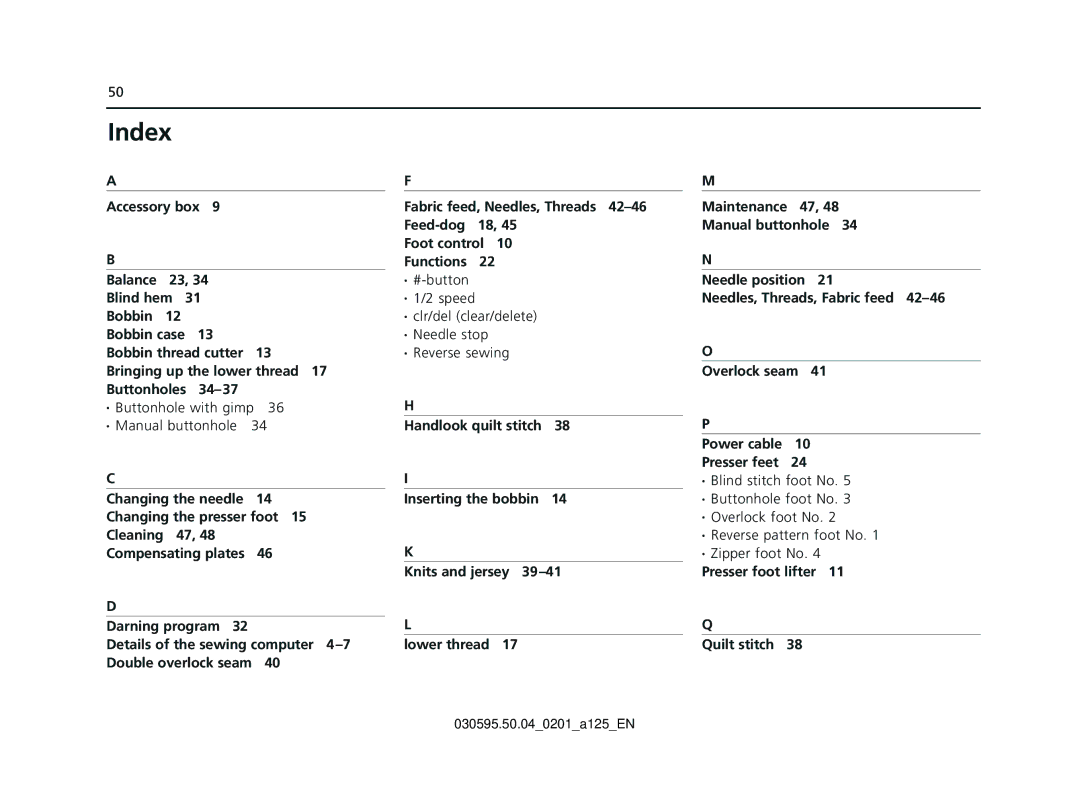 Bernina Sewing Machine manual Index, Presser foot lifter Quilt stitch 