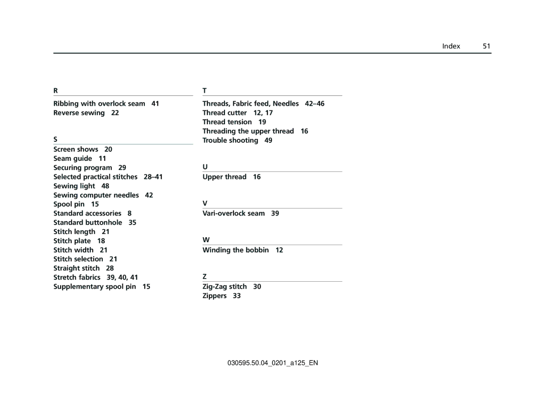 Bernina Sewing Machine manual Index 