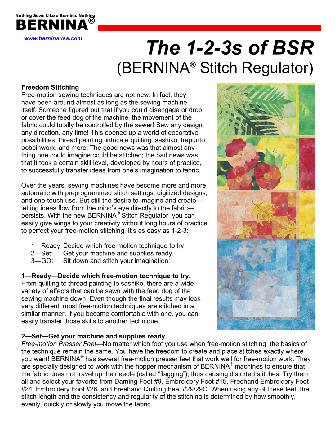 Bernina Switch Regulator manual 1-2-3s of BSR, Bernina Stitch Regulator, Freedom Stitching 