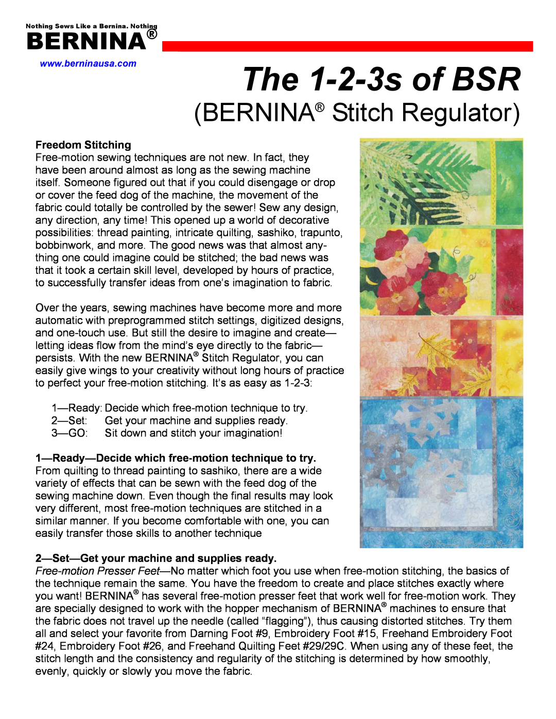 Bernina Switch Regulator manual Freedom Stitching, Set-Get your machine and supplies ready, The 1-2-3s of BSR, Bernina 