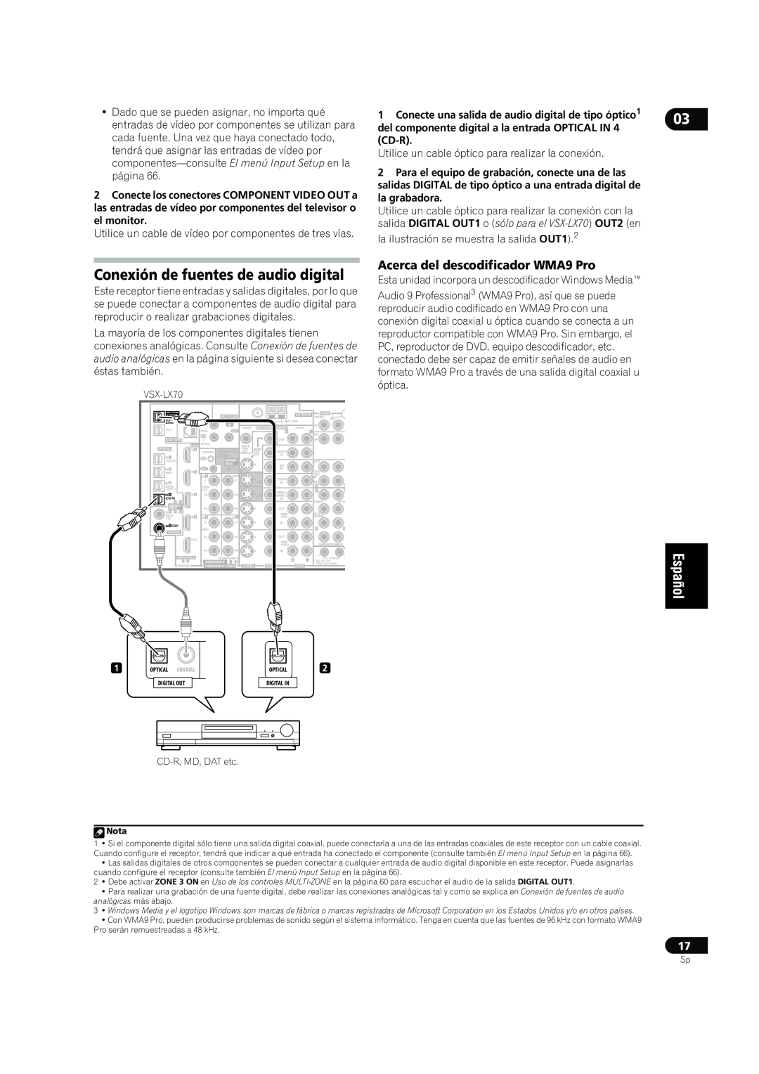 Bernina VSX-LX70, VSX-LX60 manual Conexión de fuentes de audio digital, Acerca del descodificador WMA9 Pro 