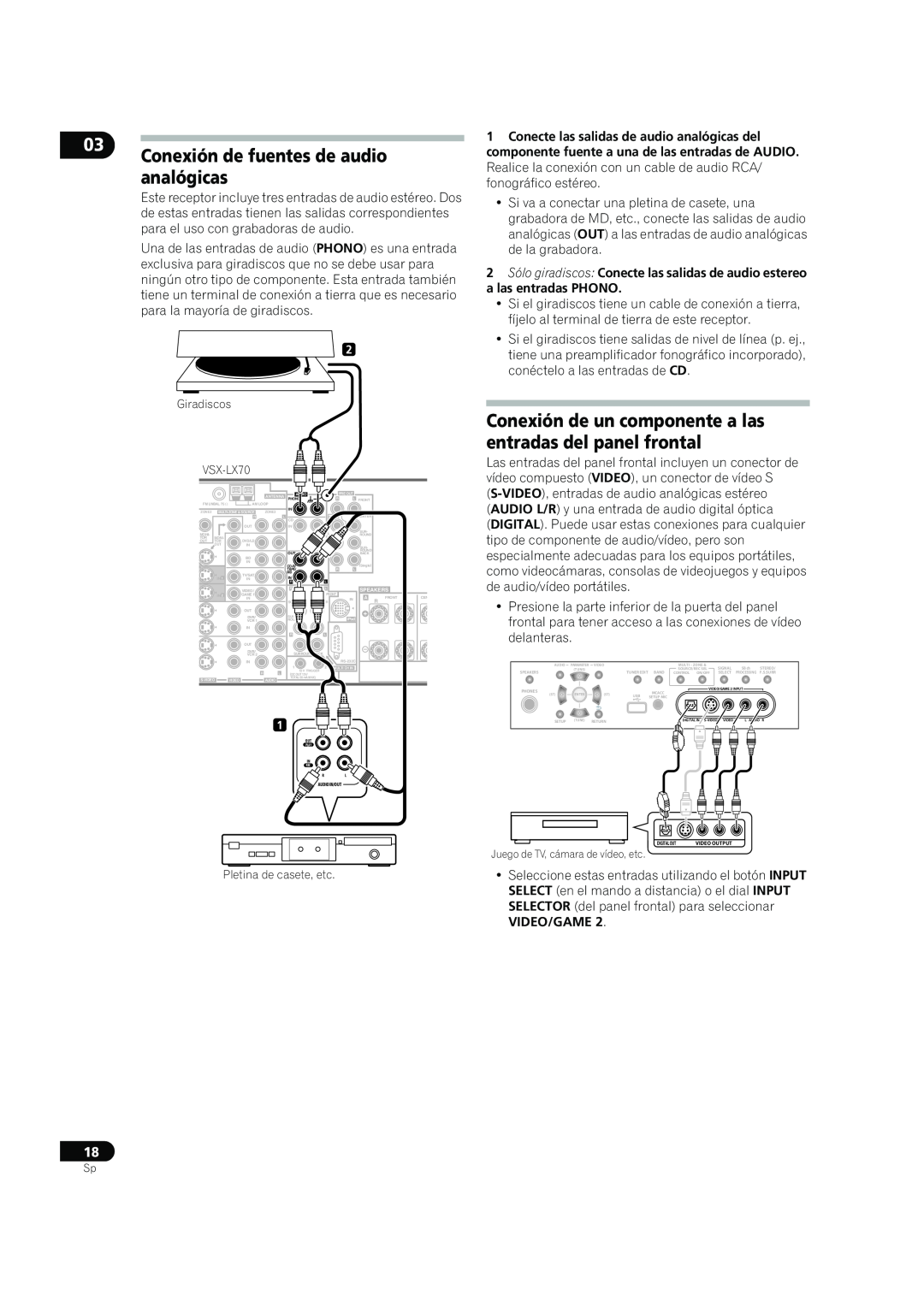 Bernina VSX-LX60 manual Conexión de fuentes de audio analógicas, SELECT en el mando a distancia o el dial INPUT, Video/Game 