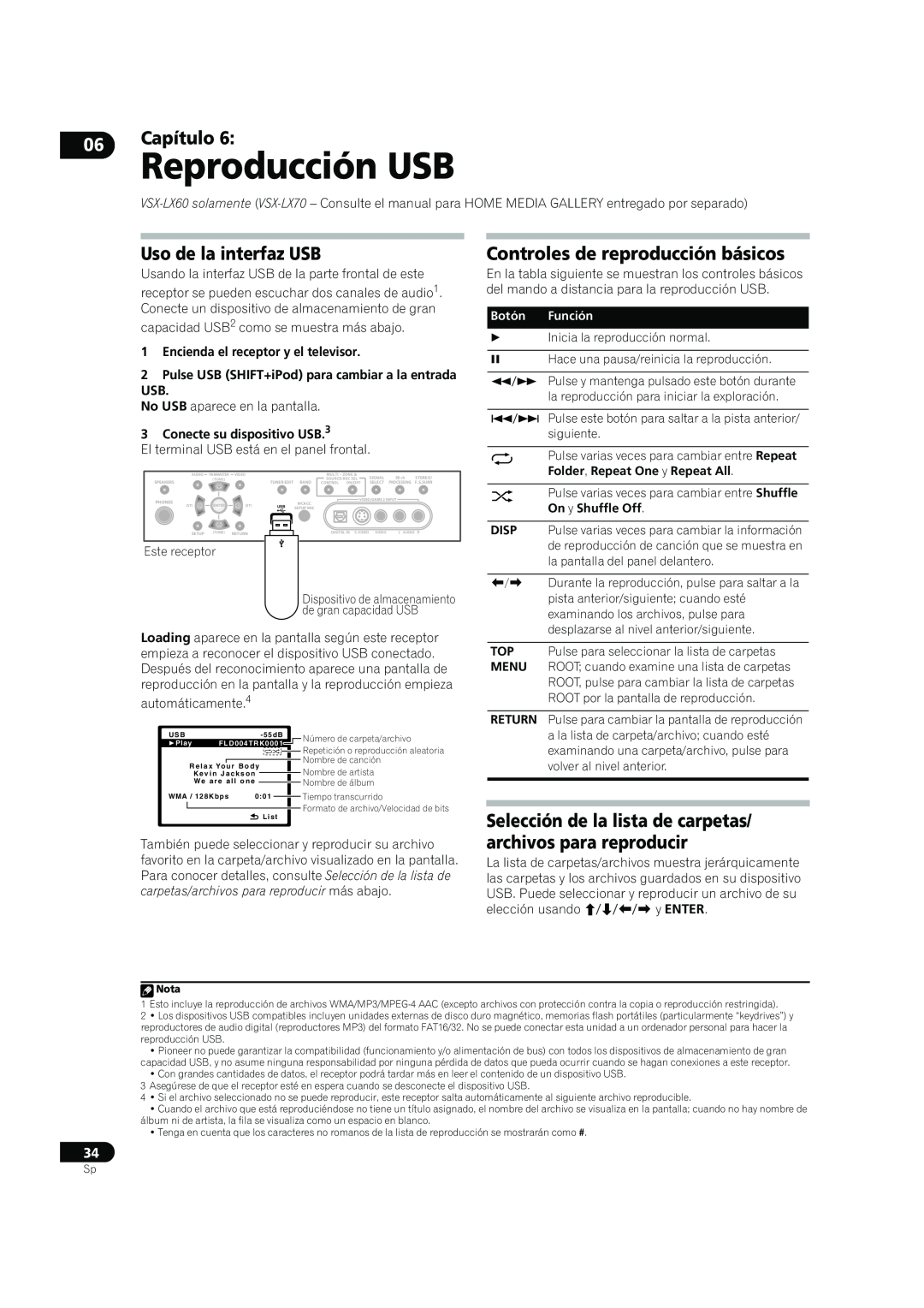 Bernina VSX-LX60, VSX-LX70 manual Uso de la interfaz USB, Controles de reproducción básicos, Reproducción USB, Capítulo 