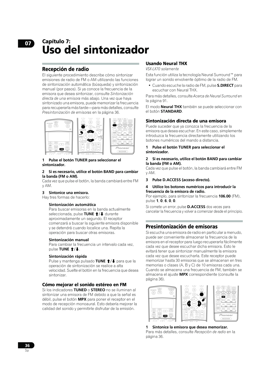 Bernina VSX-LX60 manual Uso del sintonizador, Recepción de radio, Presintonización de emisoras, Usando Neural THX, Capítulo 