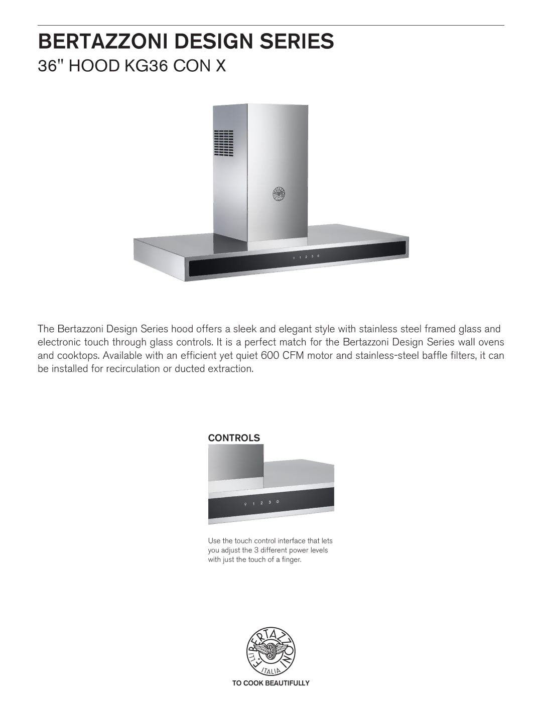 Bertazzoni 36 HOOD KG36 CON X manual Bertazzoni Design Series, Hood KG36 CON, Controls 