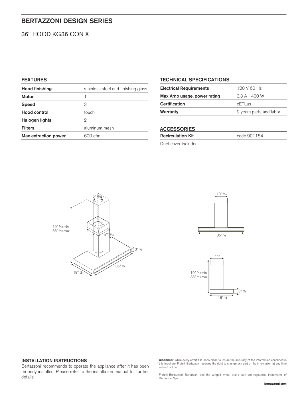 Bertazzoni 36 HOOD KG36 CON X Bertazzoni Design Series, Hood KG36 CON, Features, Technical Specifications, Accessories 