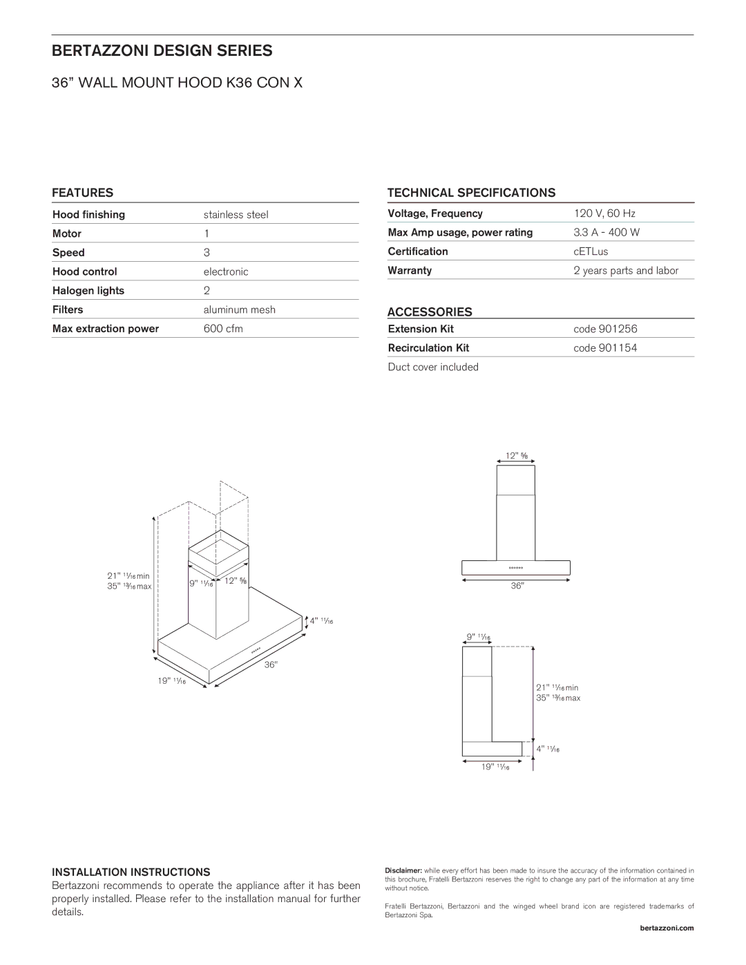 Bertazzoni manual Bertazzoni Design Series, Wall mount hood K36 CON, Features, Technical Specifications, Accessories 