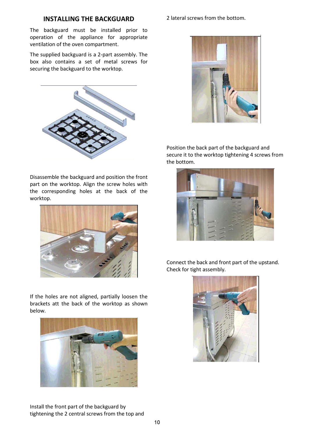 Bertazzoni A304GGVXE, A304GGVXT dimensions Installing the Backguard 