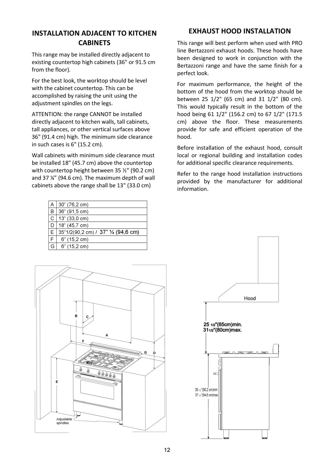 Bertazzoni A304GGVXE, A304GGVXT dimensions Installation Adjacent to Kitchen Cabinets, Exhaust Hood Installation 