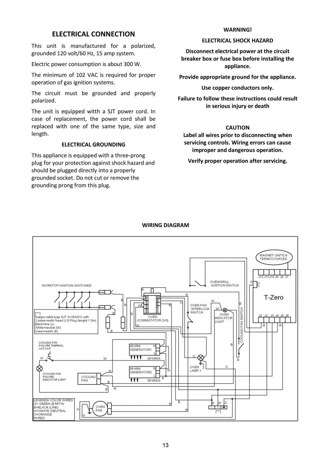 Bertazzoni A304GGVXT, A304GGVXE Electrical Connection, Electrical Grounding, Electrical Shock Hazard, Wiring Diagram 