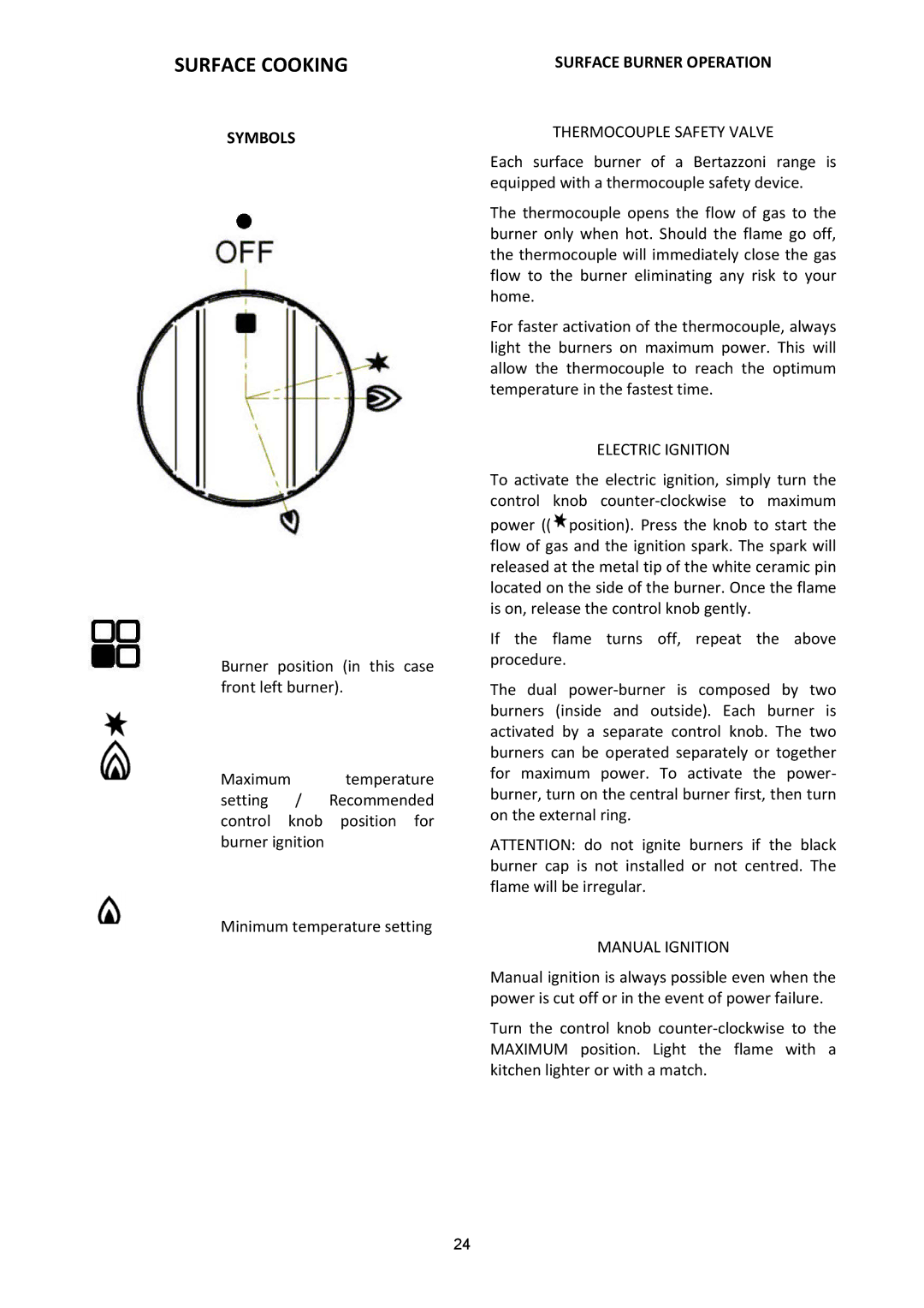 Bertazzoni A304GGVXE, A304GGVXT dimensions Surface Cooking, Symbols, Surface Burner Operation 