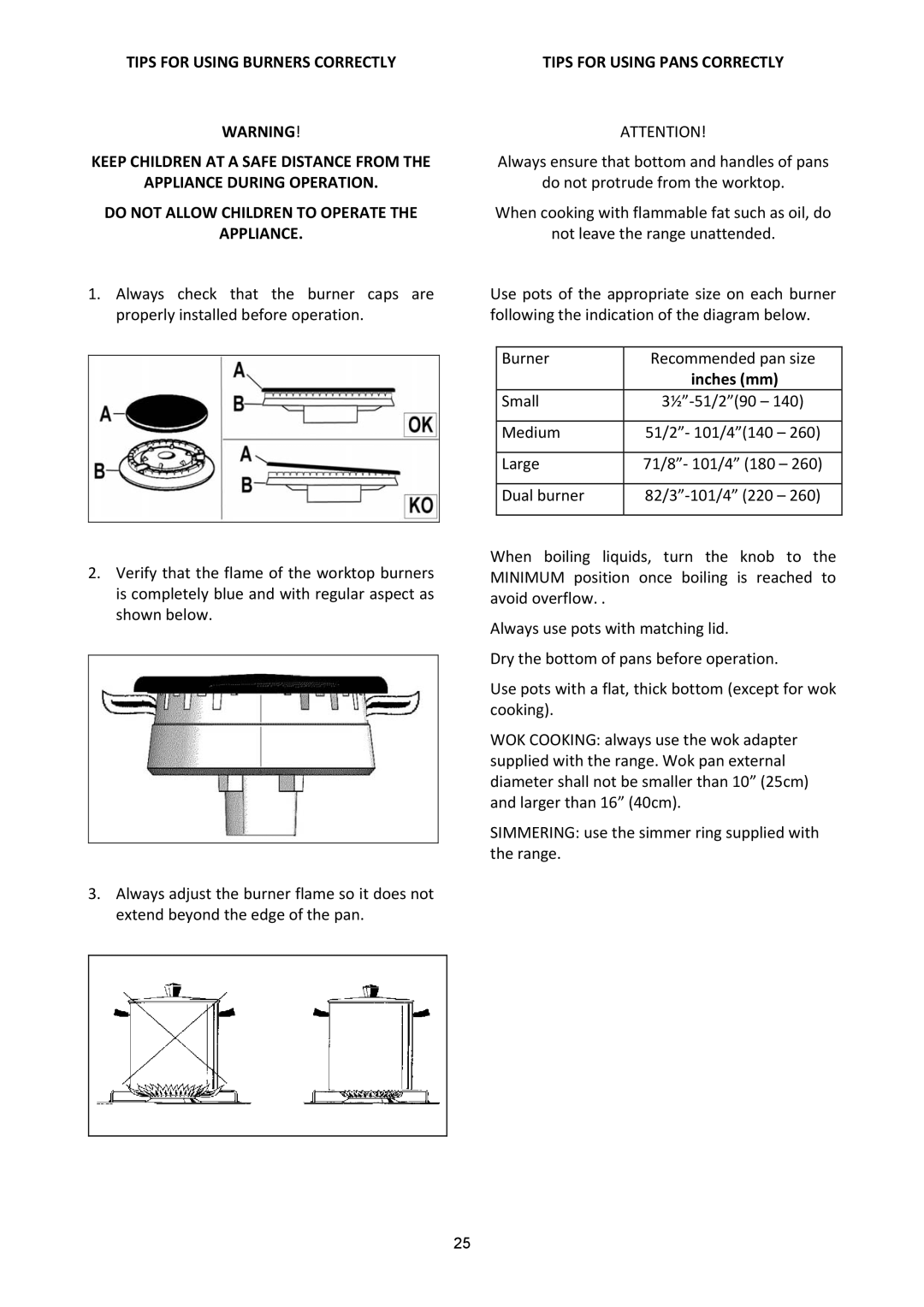 Bertazzoni A304GGVXT, A304GGVXE dimensions Tips for Using Pans Correctly 