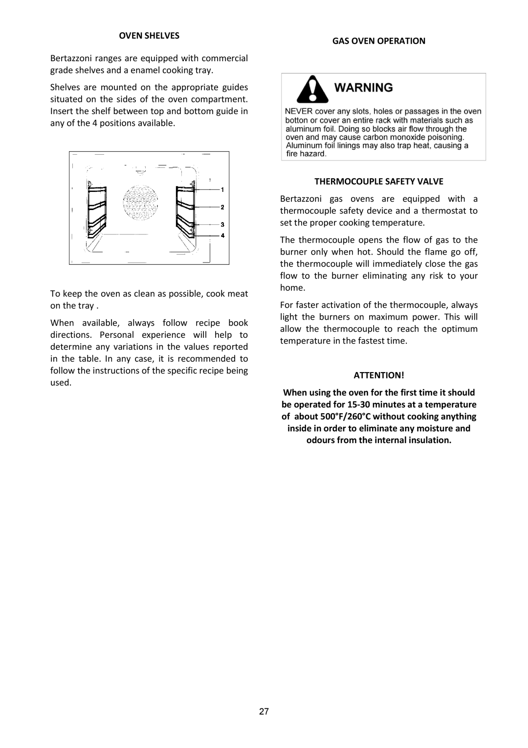 Bertazzoni A304GGVXT, A304GGVXE dimensions Oven Shelves, GAS Oven Operation Thermocouple Safety Valve 