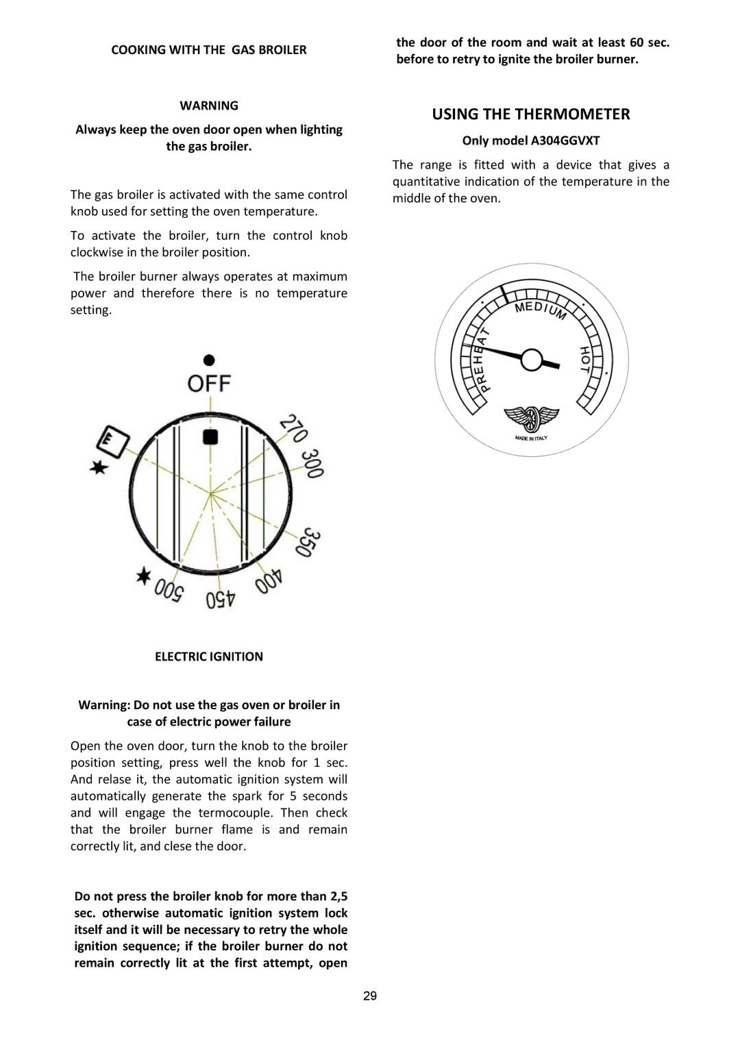 Bertazzoni A304GGVXT, A304GGVXE dimensions Using the Thermometer, Cooking with the GAS Broiler 