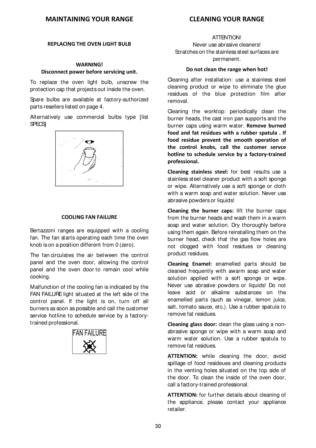Bertazzoni A304GGVXE Maintaining Your Range, Cleaning Your Range, Replacing the Oven Light Bulb, Cooling FAN Failure 