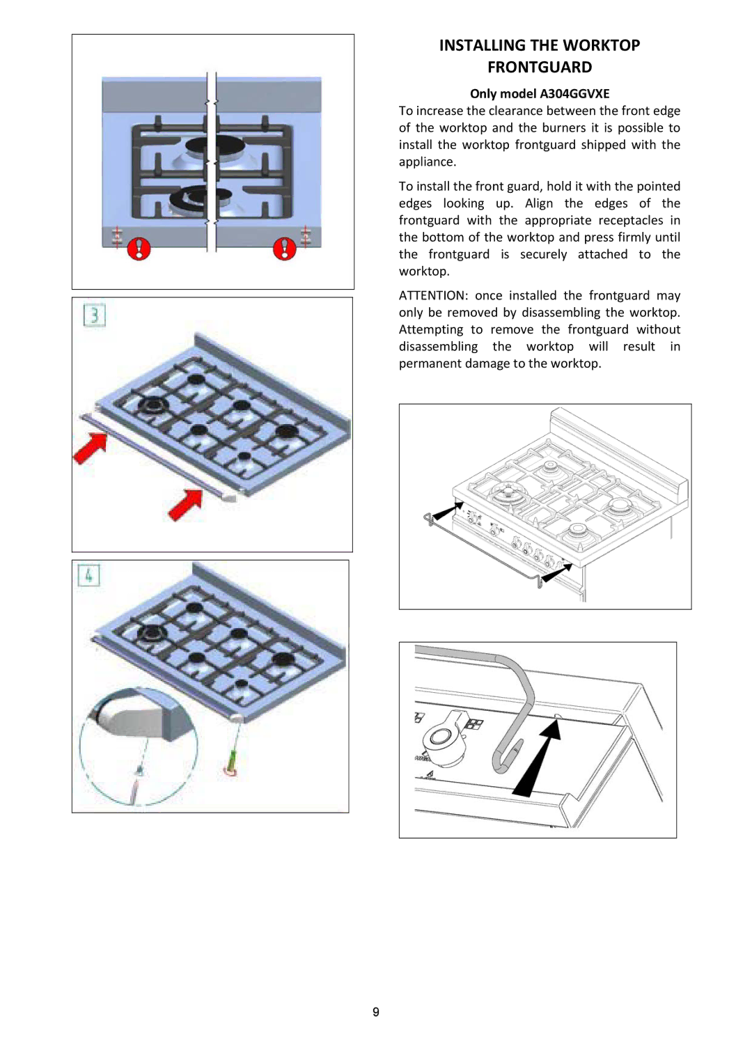 Bertazzoni A304GGVXT dimensions Installing the Worktop Frontguard, Only model A304GGVXE 