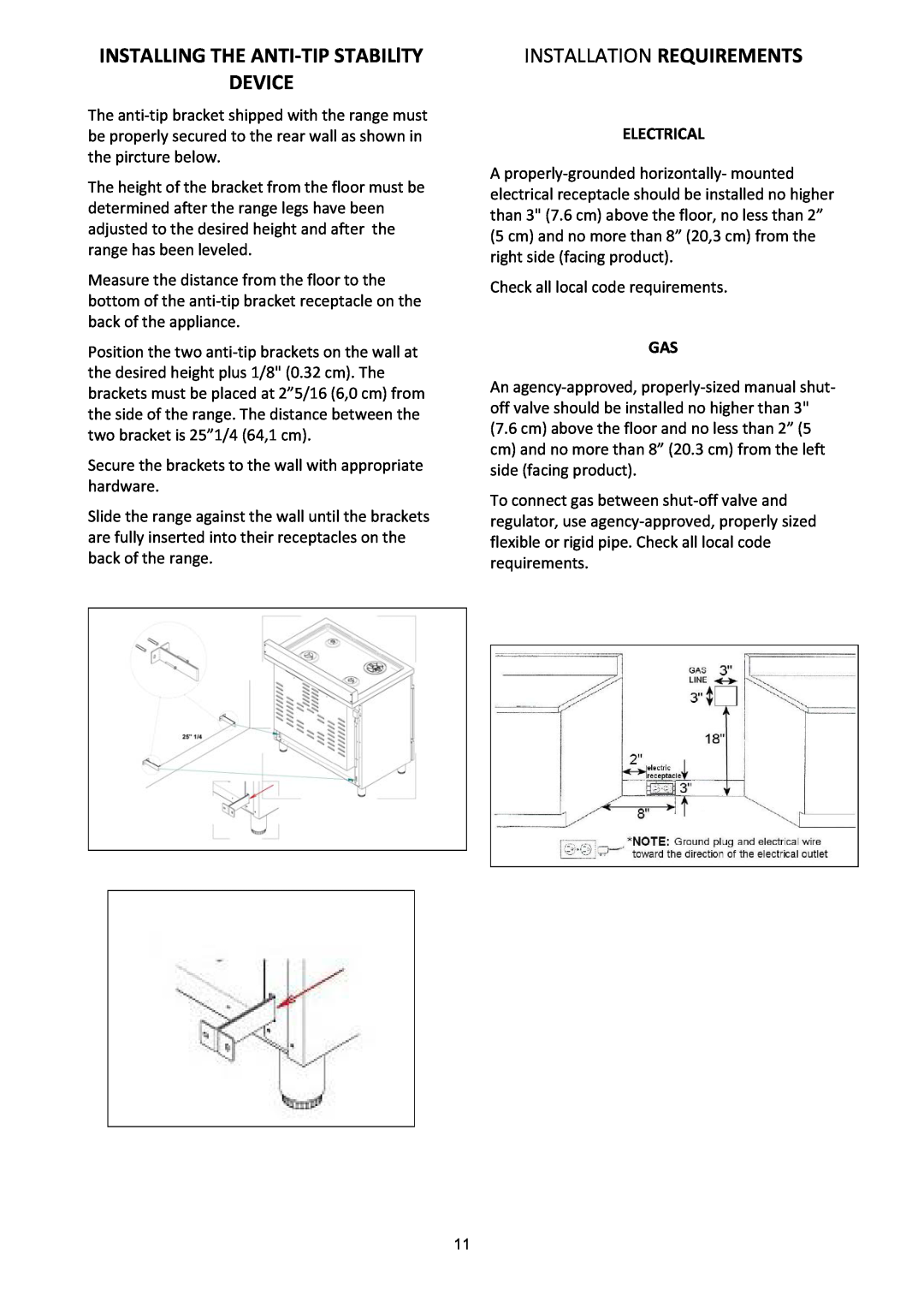 Bertazzoni A304GGVXT, A304GGVXE dimensions INSTALLING THE ANTI‐TIP STABILlTY DEVICE, Electrical, Installation Requirements 