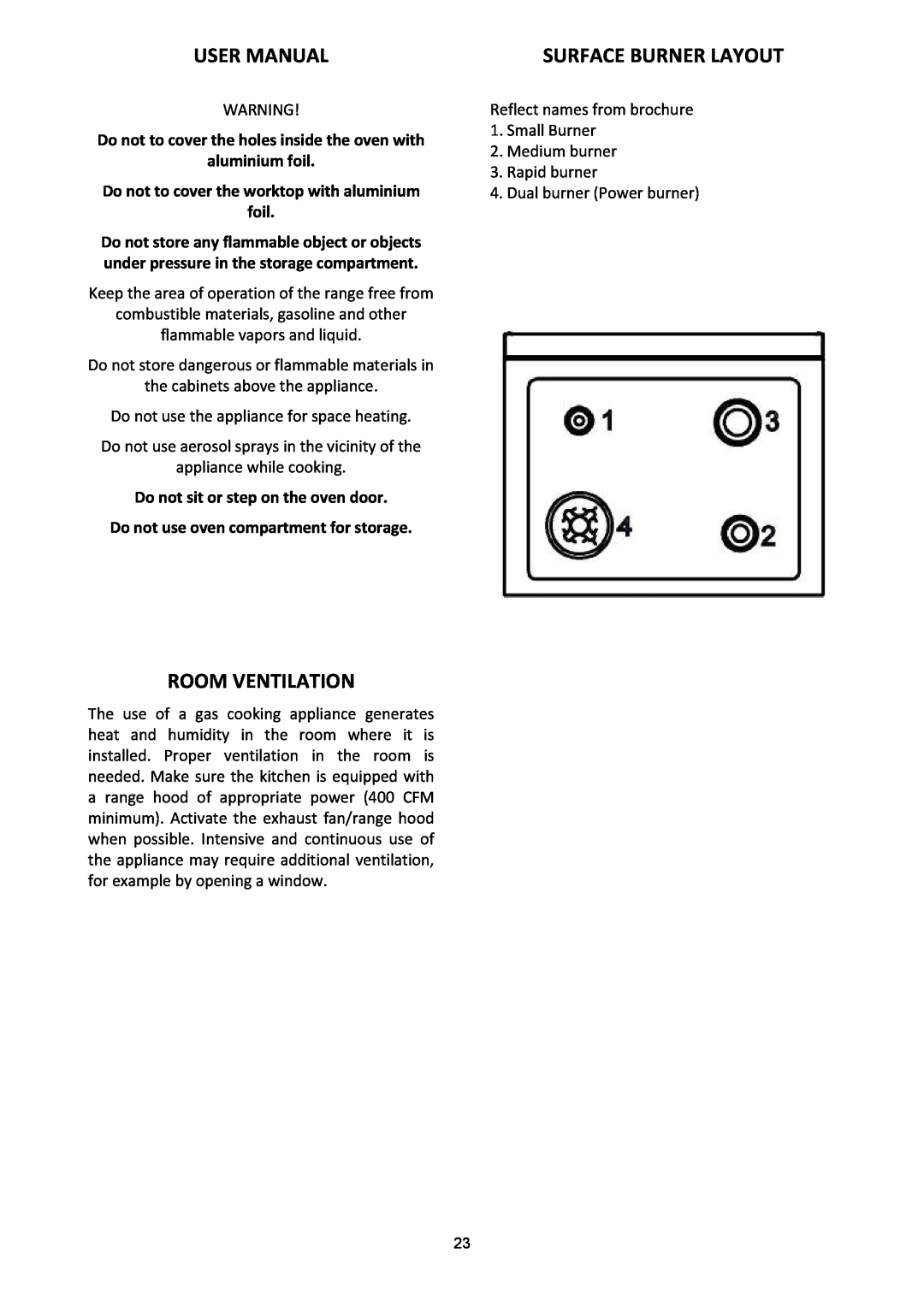 Bertazzoni A304GGVXT User Manual, Surface Burner Layout, Room Ventilation, Do not to cover the worktop with aluminium foil 