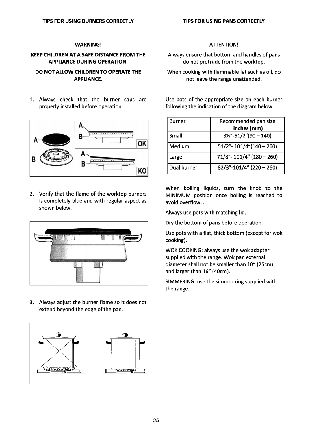 Bertazzoni A304GGVXT, A304GGVXE dimensions Tips For Using Burners Correctly, Do Not Allow Children To Operate The Appliance 
