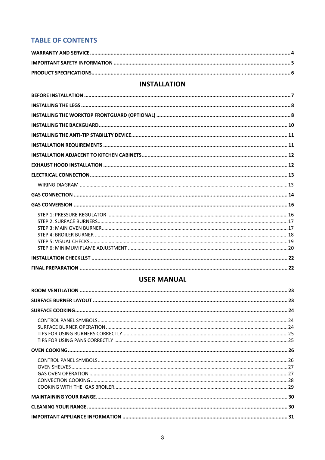 Bertazzoni A304GGVXT/002, A304GGVXE/02 manual Table of Contents 