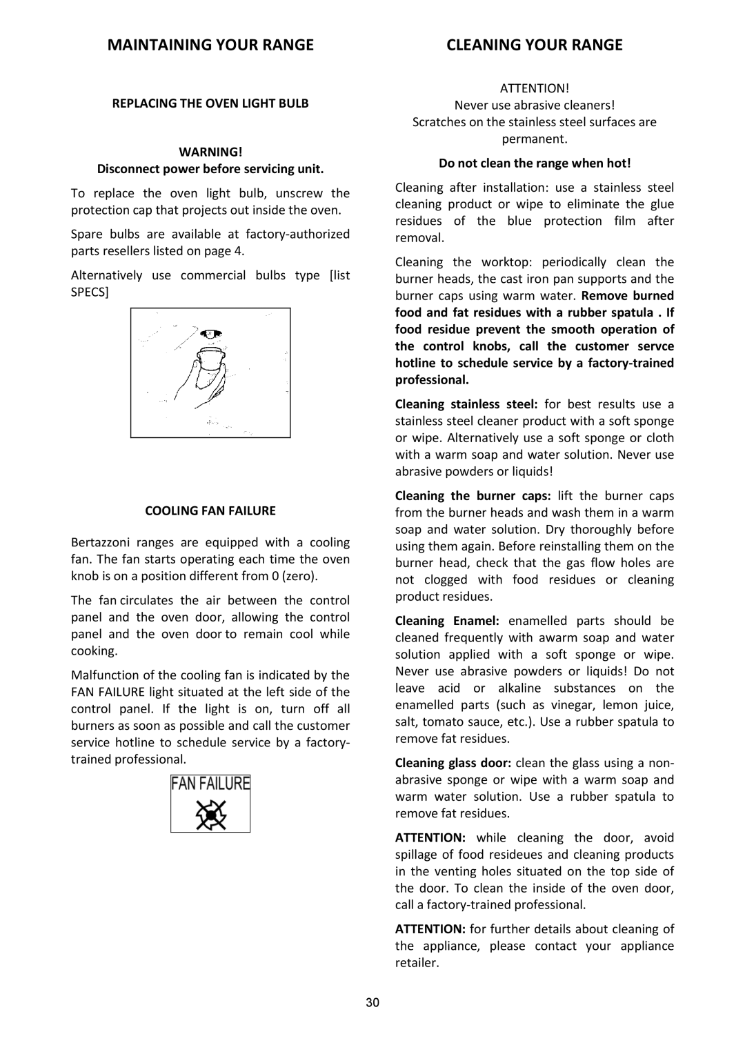 Bertazzoni A304GGVXE/02 Maintaining Your Range, Cleaning Your Range, Replacing the Oven Light Bulb, Cooling FAN Failure 