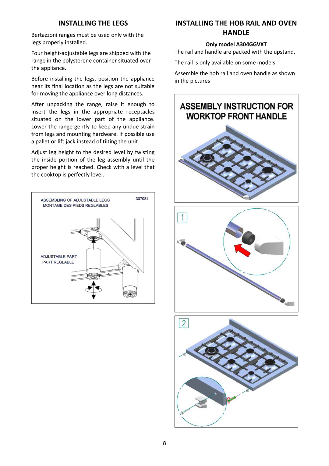 Bertazzoni A304GGVXE/02, A304GGVXT/002 manual Installing the Legs, Installing the HOB Rail and Oven Handle 