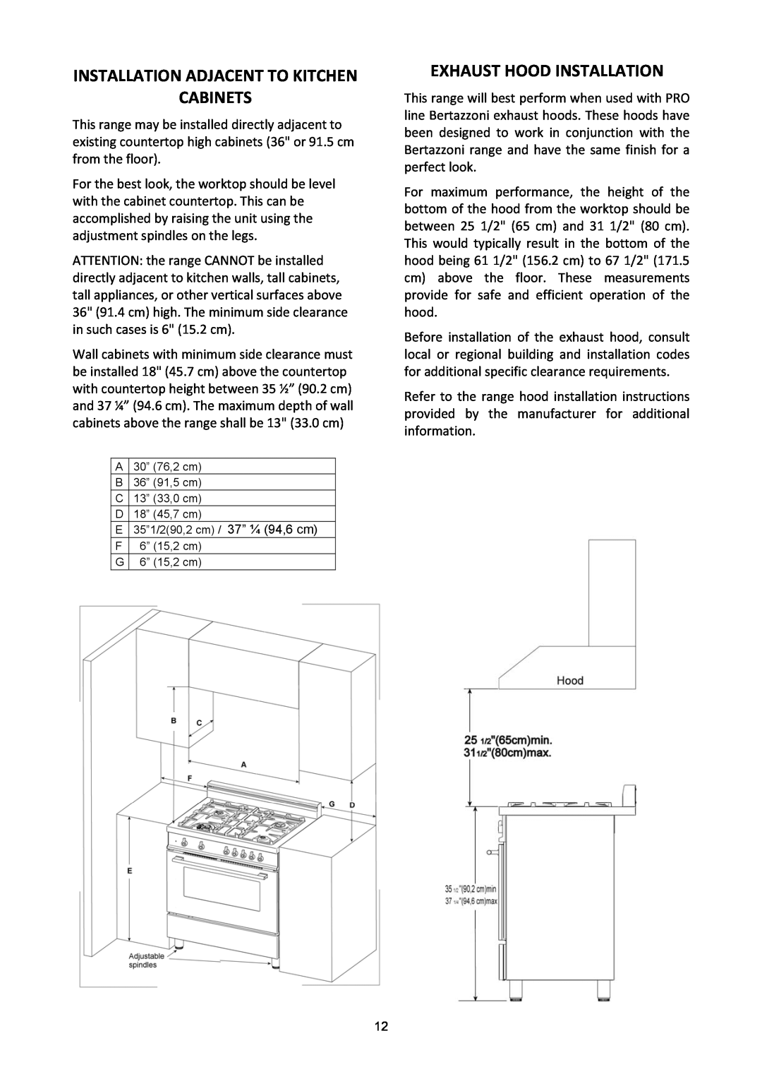Bertazzoni A304GGVXE/02, A304GGVXT/002 manual Installation Adjacent To Kitchen Cabinets, Exhaust Hood Installation 
