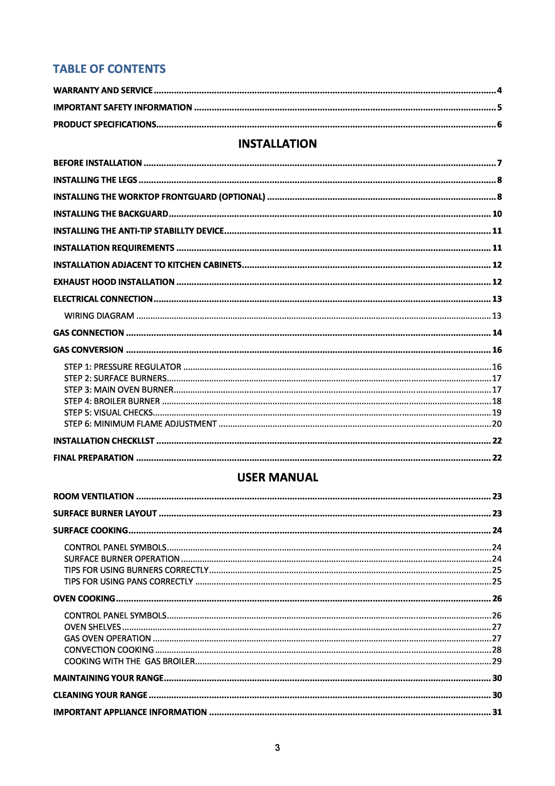 Bertazzoni A304GGVXT/002, A304GGVXE/02 manual Table Of Contents, Installation 