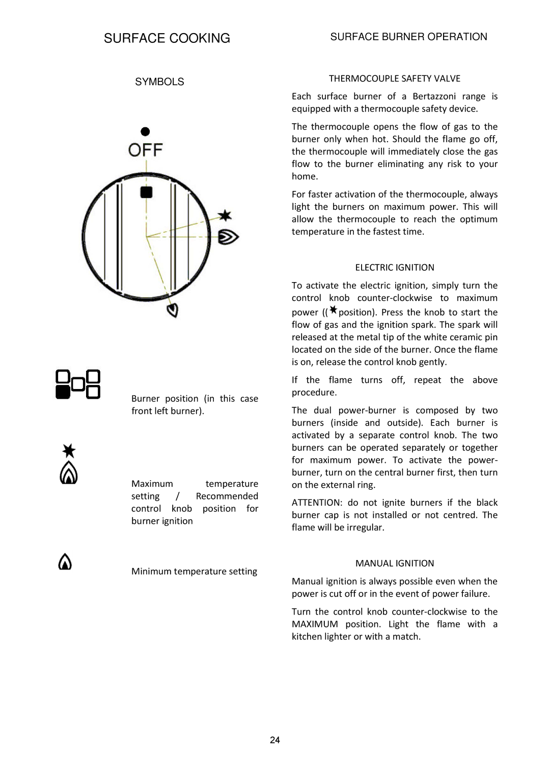 Bertazzoni A365GGVXE, A365GGVXT manual Surface Cooking, Symbols, Surface Burner Operation 