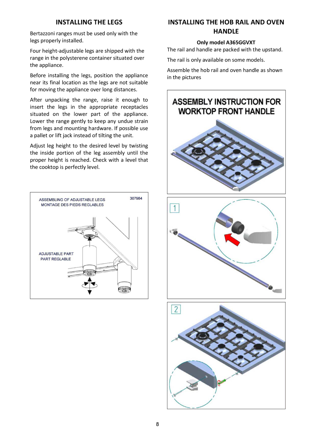 Bertazzoni A365GGVXE, A365GGVXT manual Installing the Legs, Installing the HOB Rail and Oven Handle 