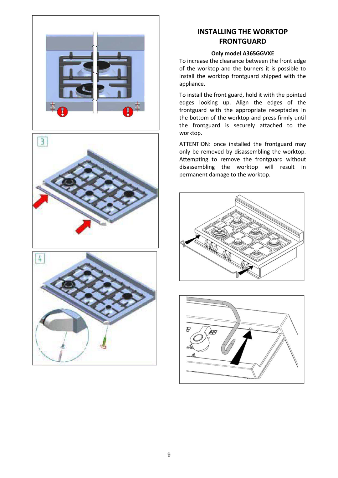 Bertazzoni A365GGVXT manual Installing the Worktop Frontguard, Only model A365GGVXE 