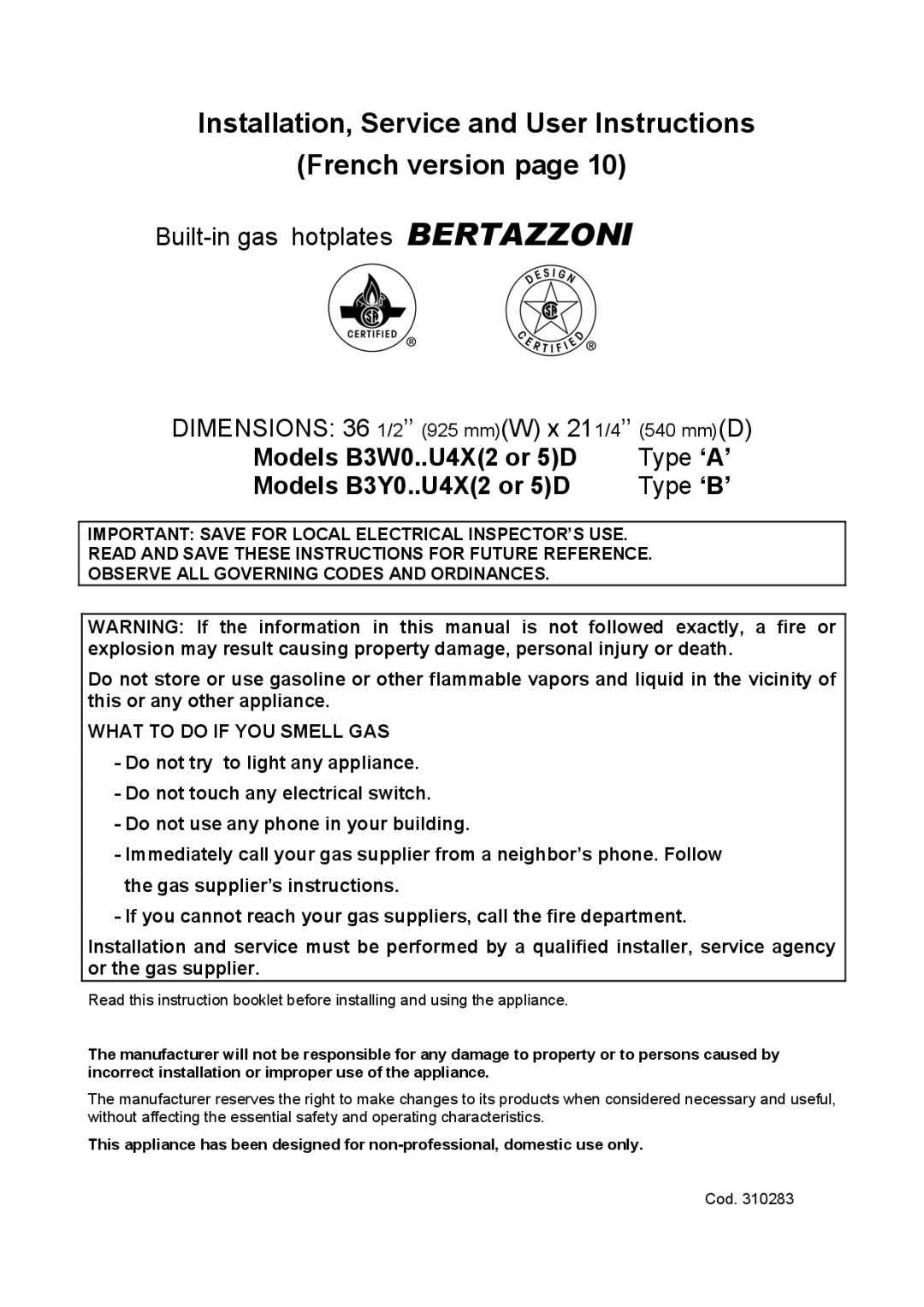 Bertazzoni B3W0..U4X(2 OR 5)D, B3Y0..U4X(2 OR 5)D manual Installation, Service and User Instructions French version 