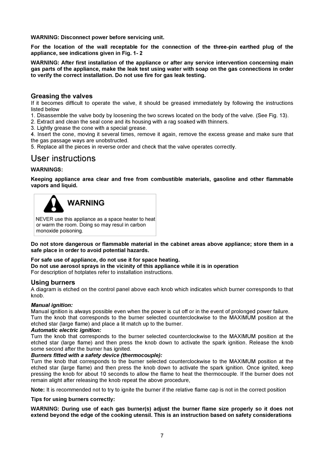 Bertazzoni B3W0..U4X(2 OR 5)D User instructions, Greasing the valves, Using burners, Tips for using burners correctly 