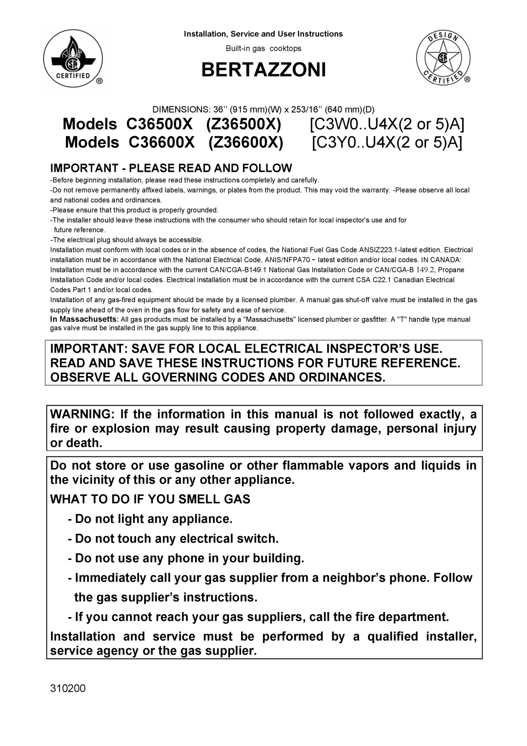 Bertazzoni C36600X, C36500X, Z36600X, Z36500X manual Bertazzoni 