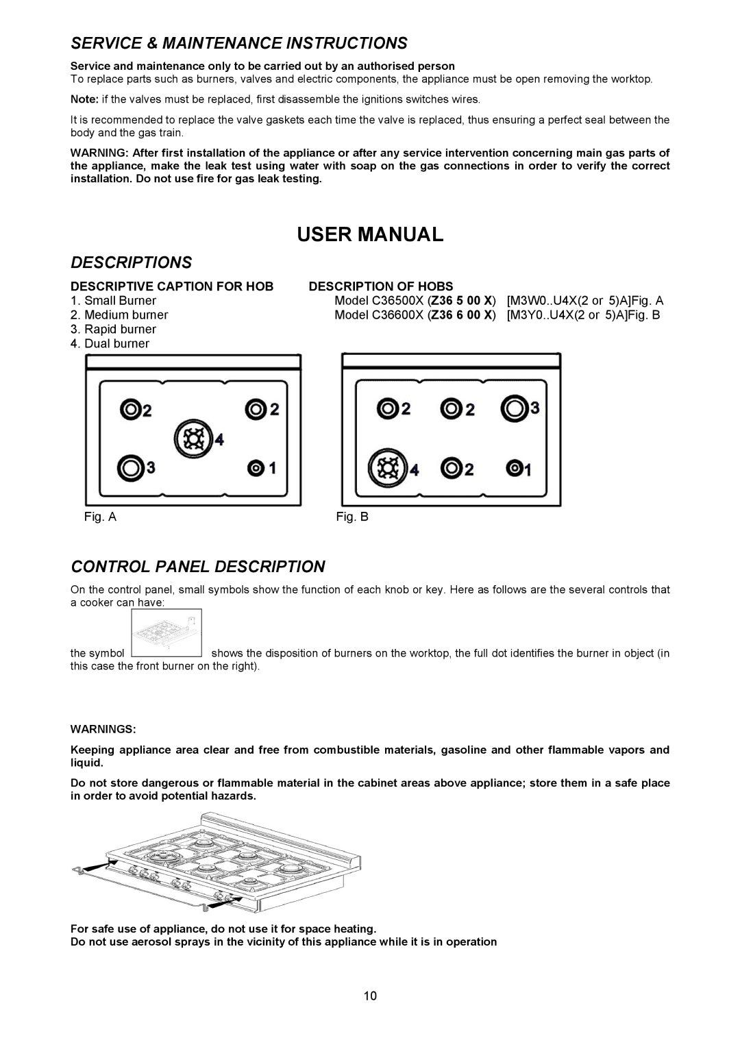 Bertazzoni Z36600X, C36500X, C36600X, Z36500X Service & Maintenance Instructions, Descriptions, Control Panel Description 