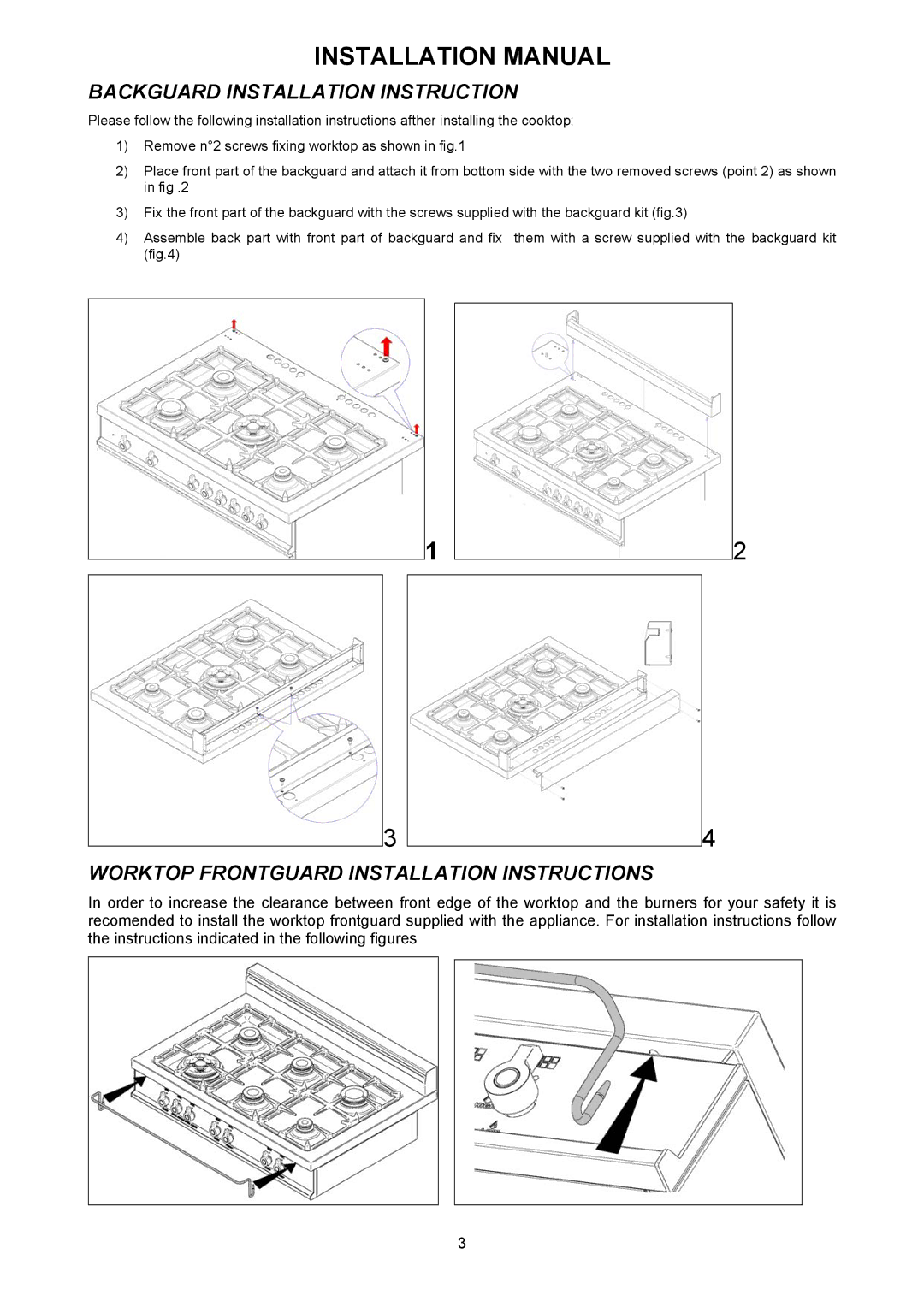 Bertazzoni Z36500X, C36500X, C36600X manual Backguard Installation Instruction, Worktop Frontguard Installation Instructions 