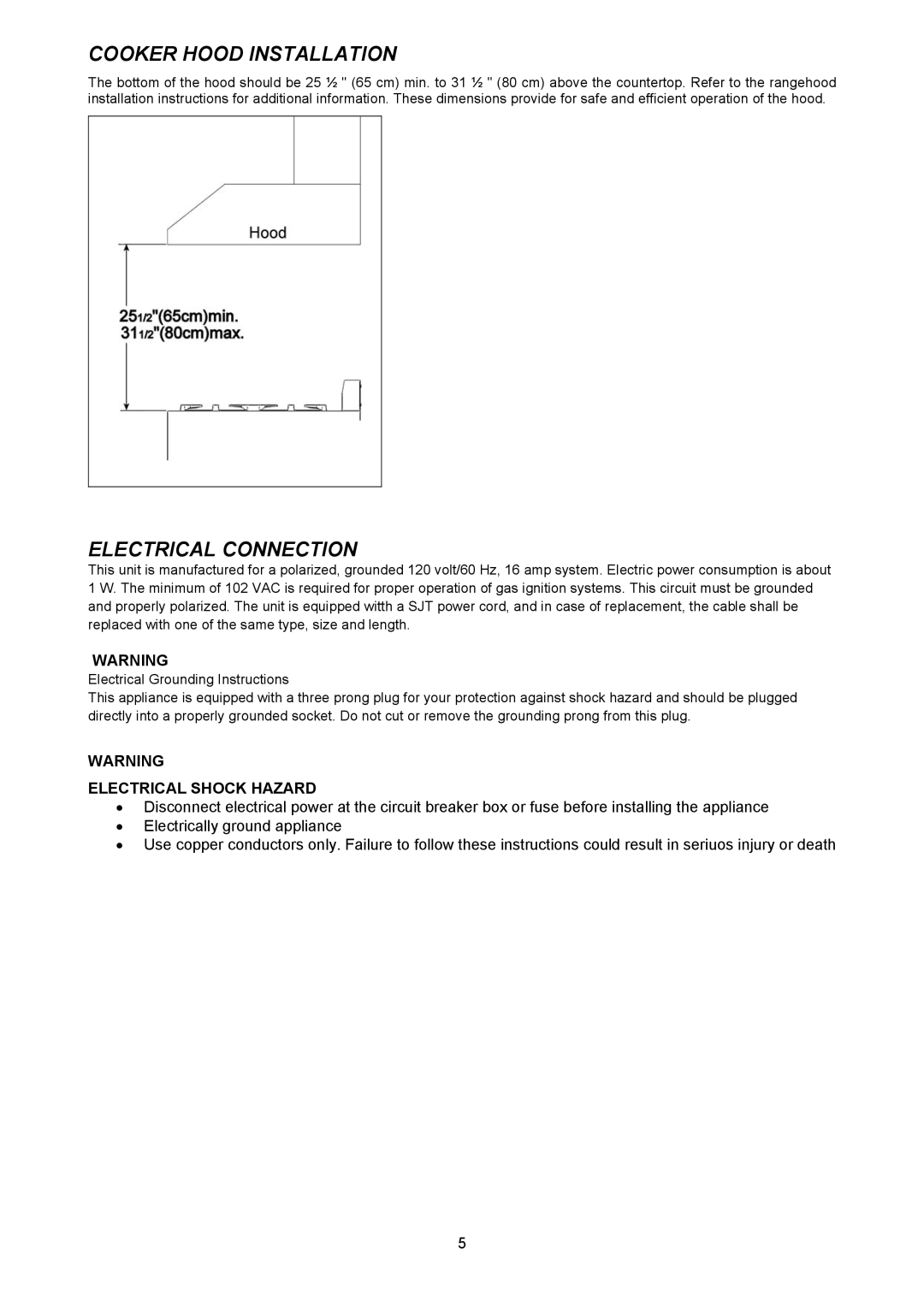 Bertazzoni C36600X, C36500X, Z36600X, Z36500X manual Cooker Hood Installation, Electrical Connection 