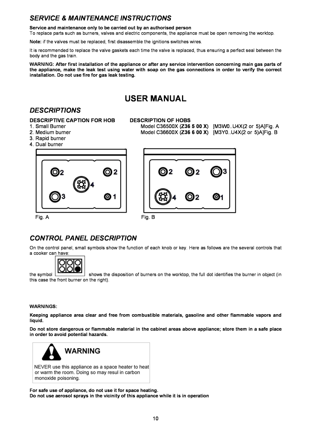 Bertazzoni Z36600X User Manual, Service & Maintenance Instructions, Descriptions, Control Panel Description, Warnings 