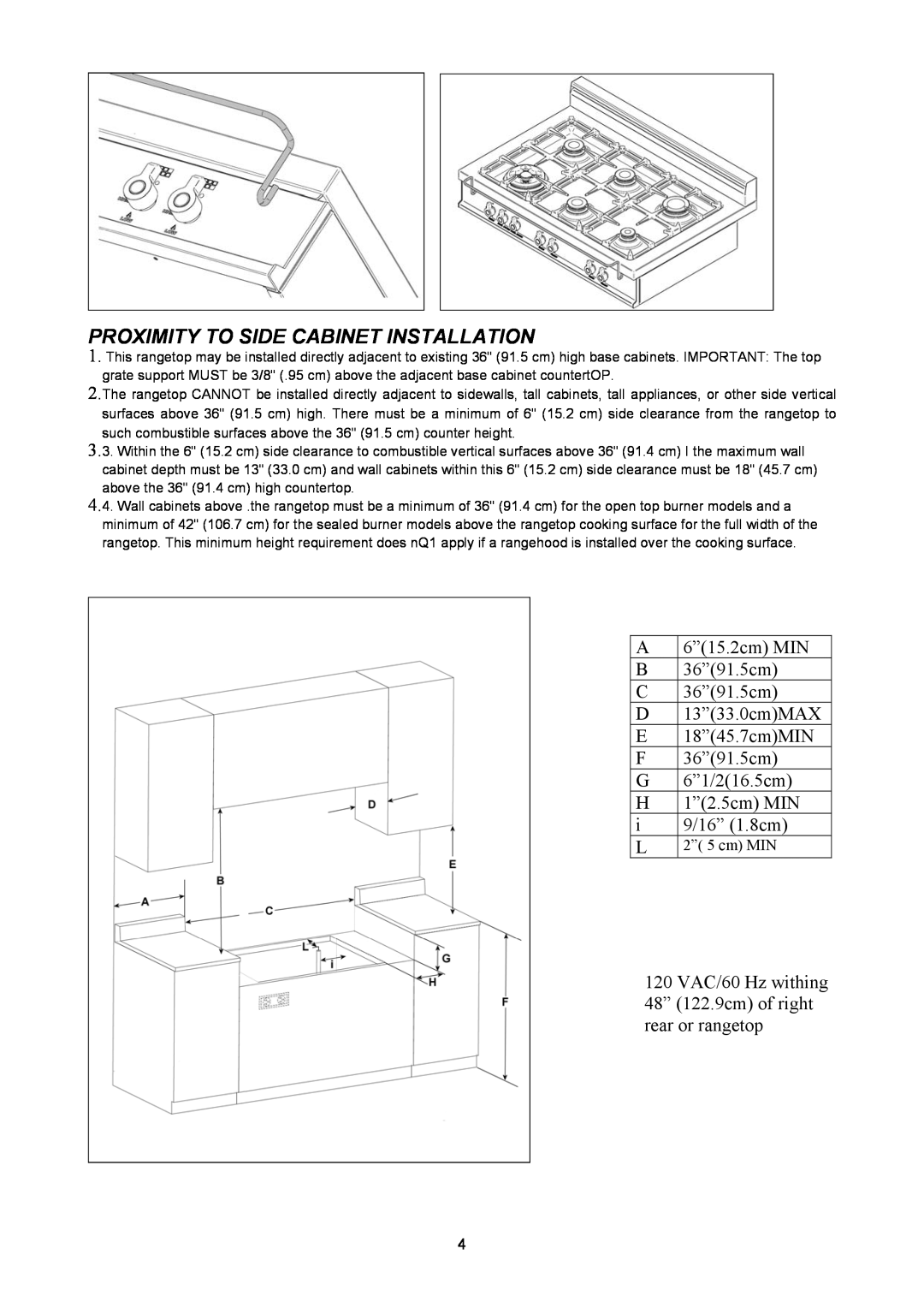 Bertazzoni C36500X, C36600X, Z36600X, Z36500X manual Proximity To Side Cabinet Installation, 2” 5 cm MIN 