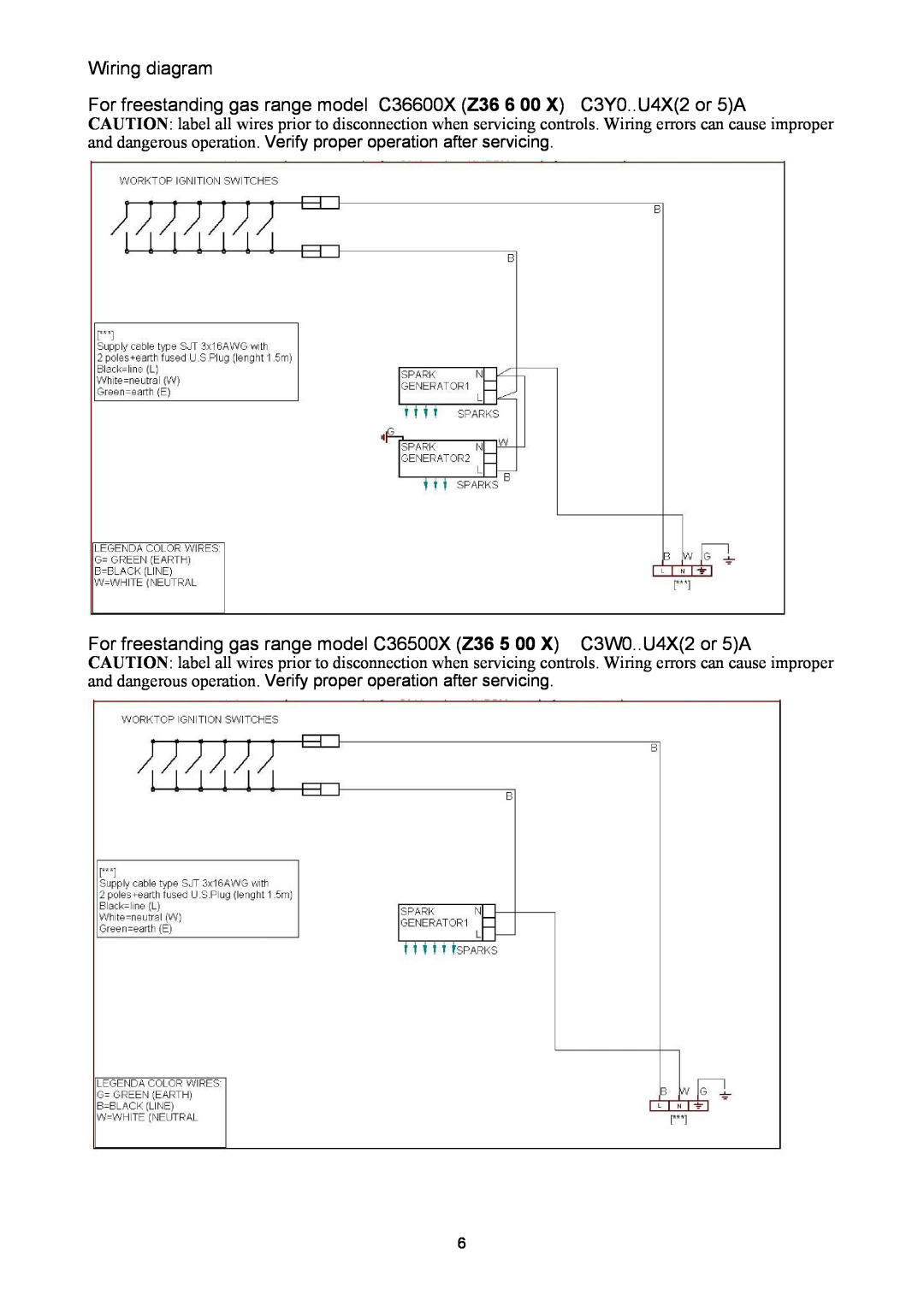 Bertazzoni Z36600X, C36500X, Z36500X Wiring diagram, For freestanding gas range model C36600X Z36 6 00 X C3Y0..U4X2 or 5A 