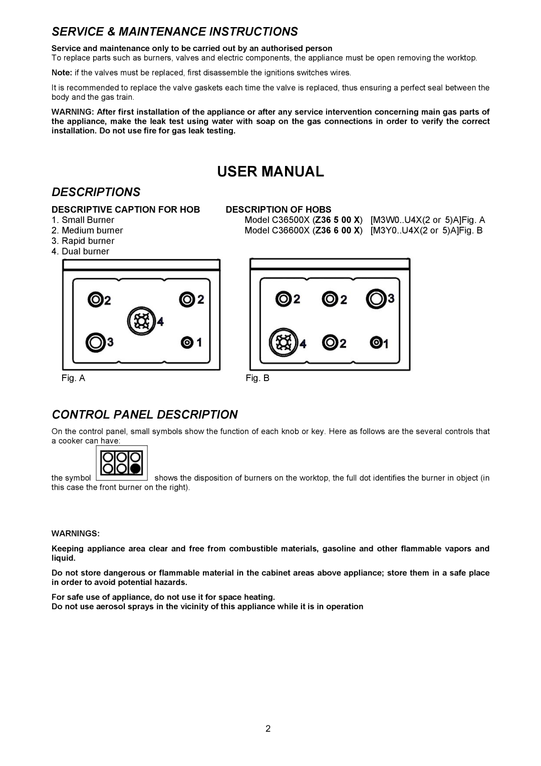 Bertazzoni C36500X, C36600X dimensions Service & Maintenance Instructions, Descriptions, Control Panel Description 