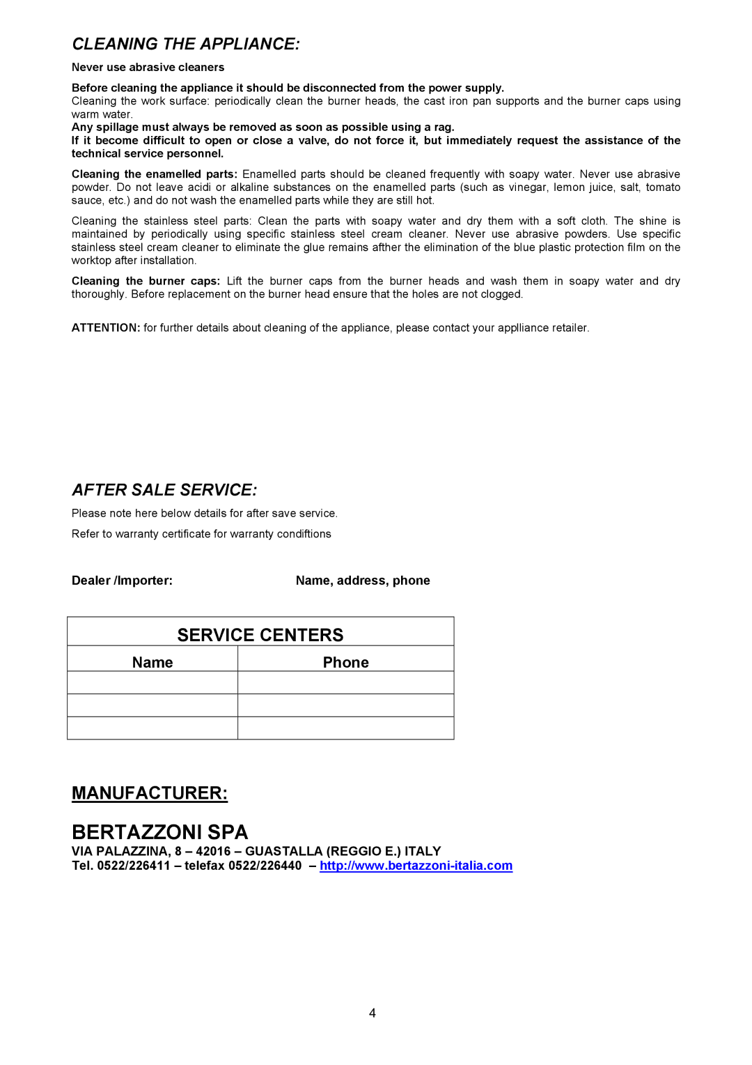 Bertazzoni C36500X, C36600X, C36500X (Z36500X), C36600X (Z36600X) dimensions Cleaning the Appliance, After Sale Service 