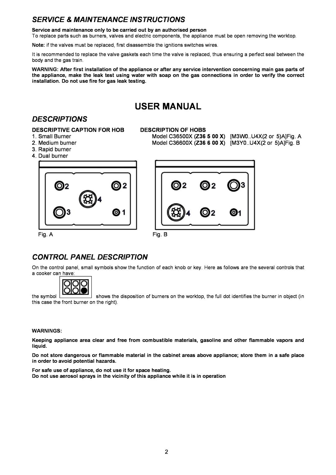 Bertazzoni C36500X, C36600X Service & Maintenance Instructions, Descriptions, Control Panel Description, Small Burner 