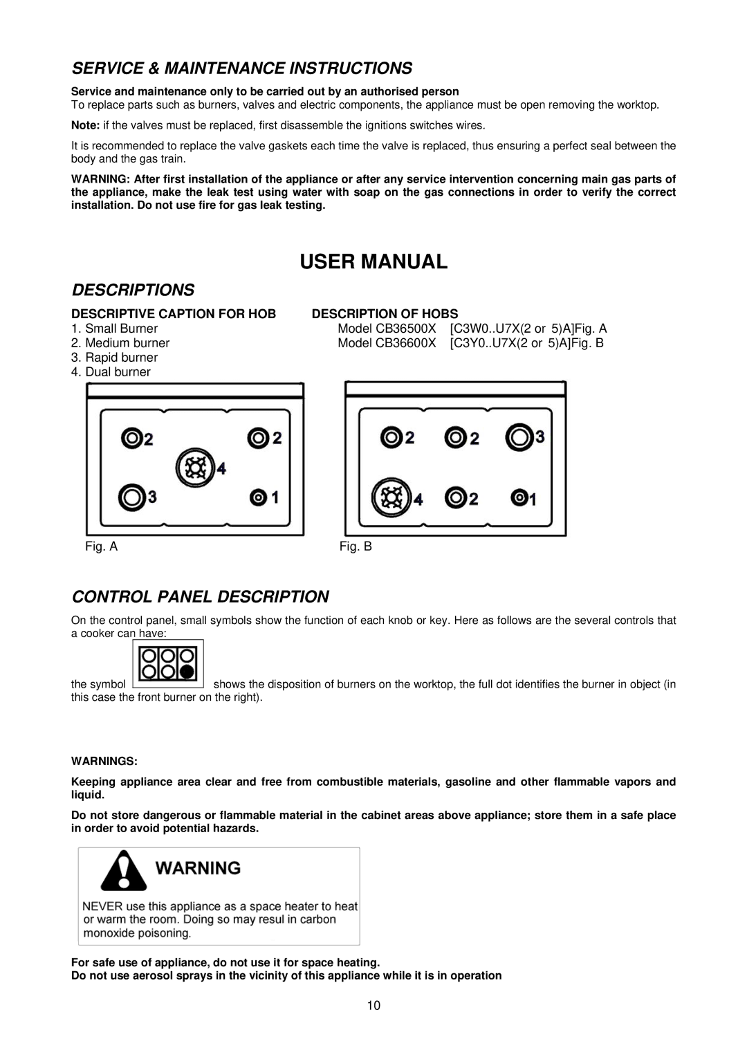 Bertazzoni CB36500X, CB36600X dimensions Service & Maintenance Instructions, Descriptions, Control Panel Description 