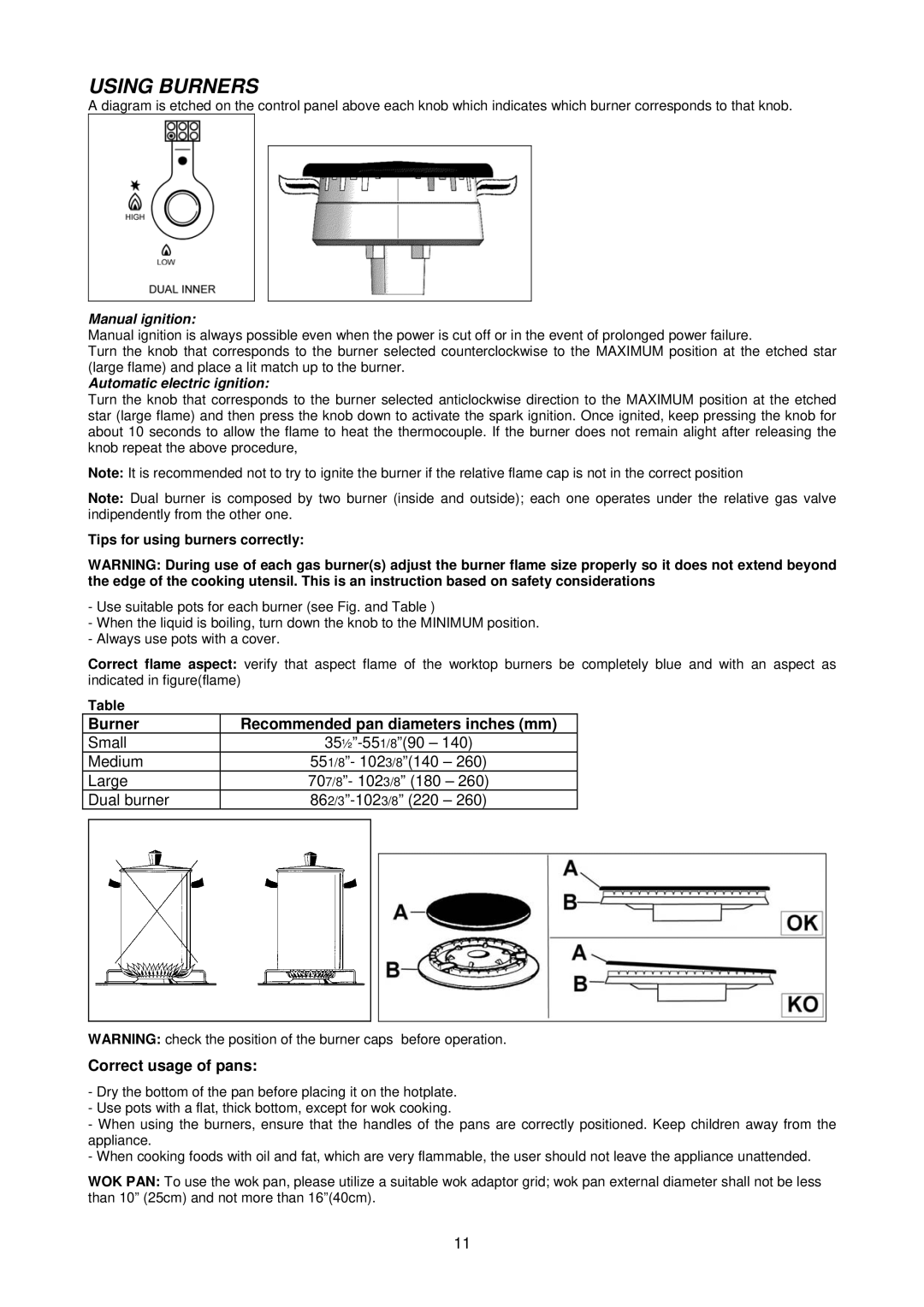 Bertazzoni CB36600X, CB36500X dimensions Using Burners, Manual ignition 