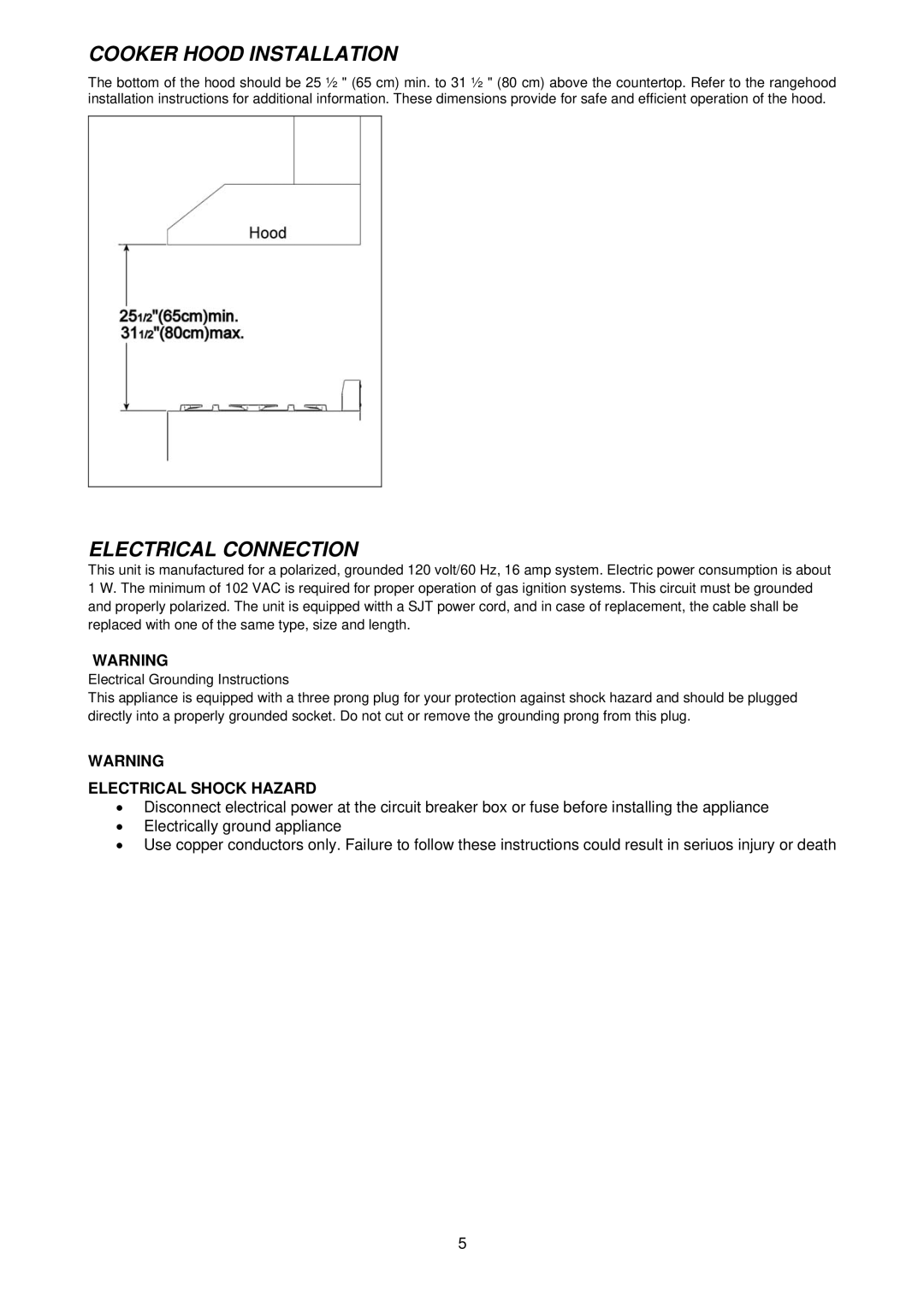 Bertazzoni CB36600X, CB36500X dimensions Cooker Hood Installation, Electrical Connection, Electrical Shock Hazard 